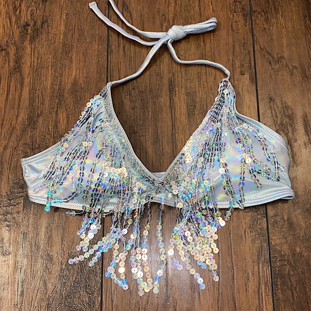Silver Sequin Holographic Fringe Festival Bikini Top